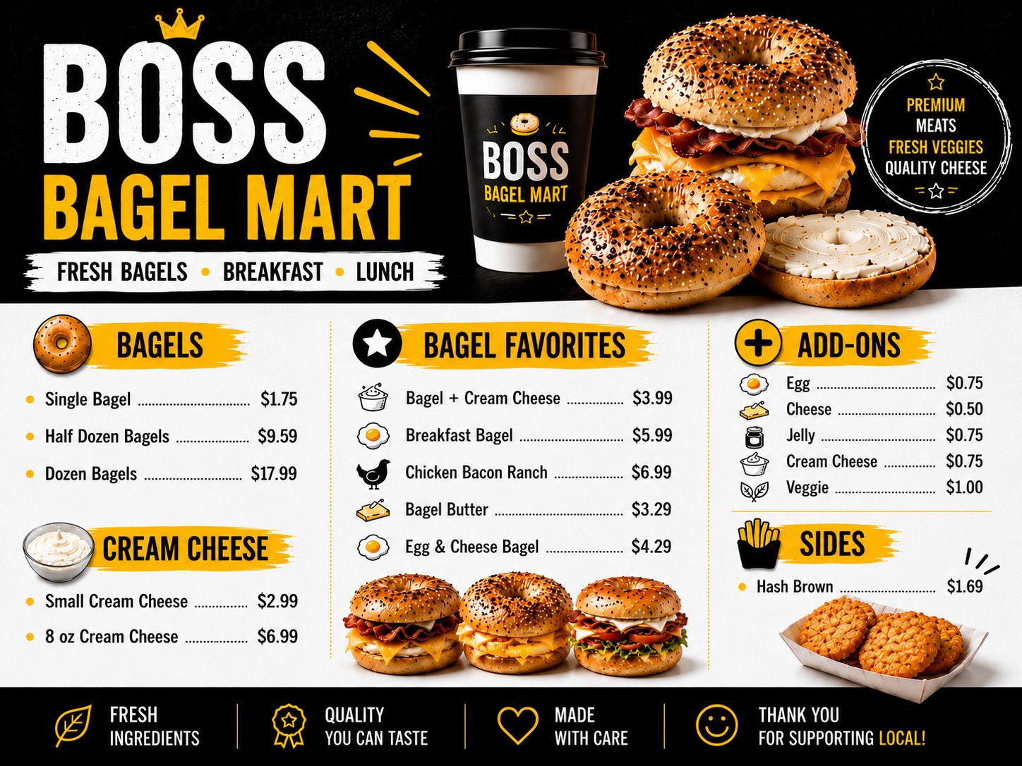 Bagel Favorites and Add-ons Menu